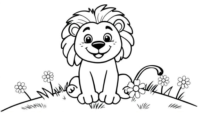 Un león amigable para colorear, con una placa de color blanco y negro sobre una colina de hierba.