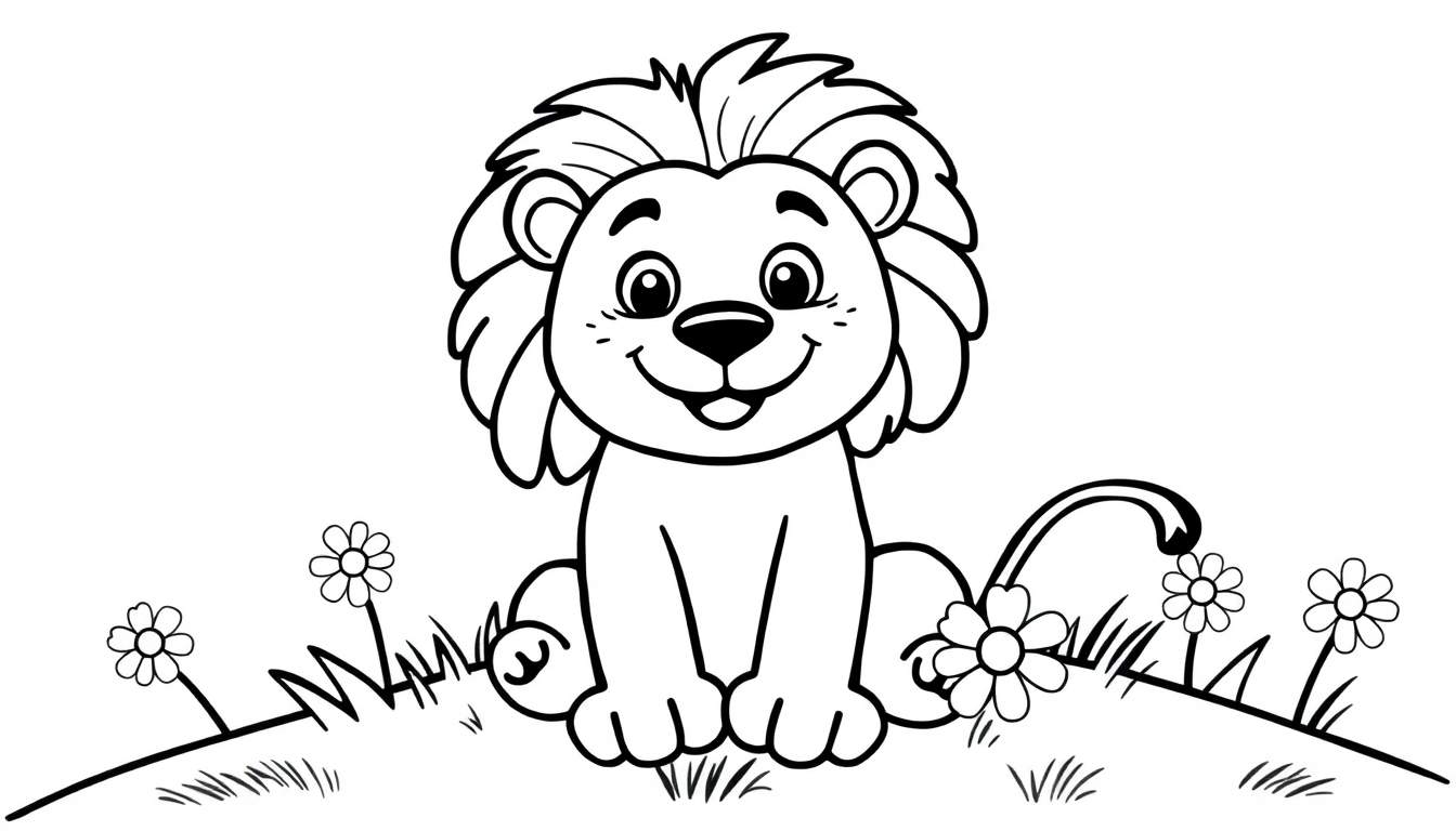 Un león amigable para colorear, con una placa de color blanco y negro sobre una colina de hierba.