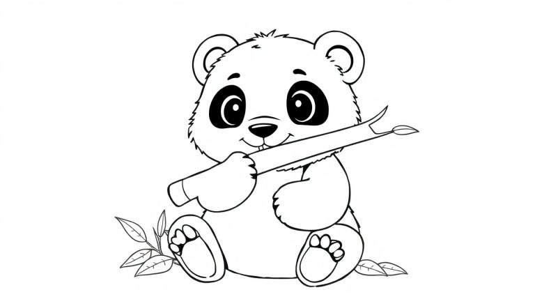 Placa de color de un panda caricaturesco comiendo bambú.