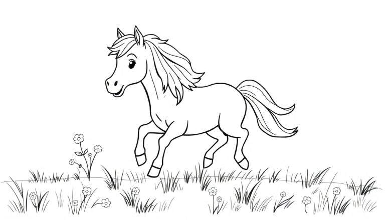 Caballo de caricatura corriendo en un prado para colorear, un dibujo de placa de color.