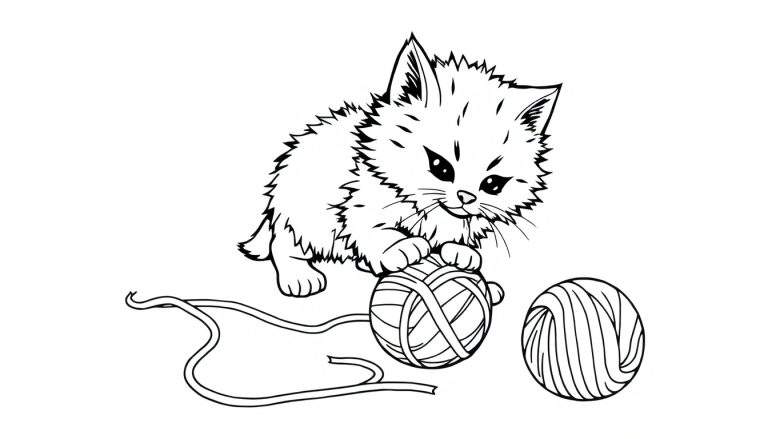 Placa de color de un gatito jugando con ovillos de lana.