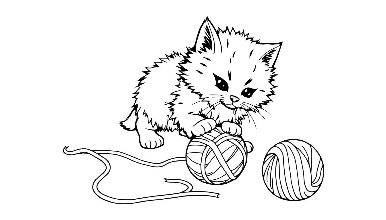Placa de color de un gatito jugando con ovillos de lana.