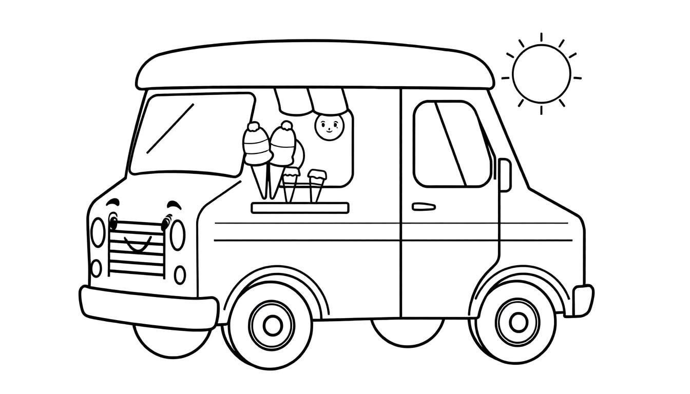 Placa de color de un camión de helados feliz y caricaturesco.