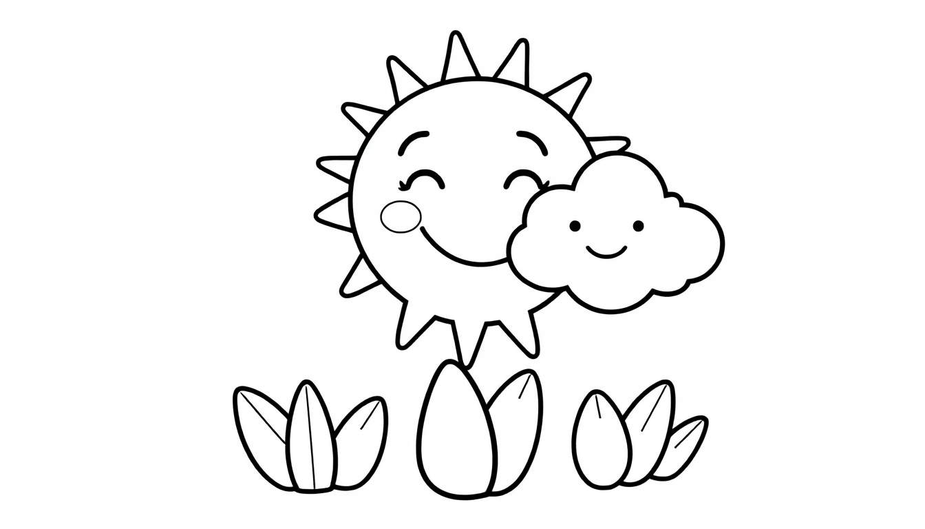 Una placa de color con un sol sonriente y una nube amable sobre plantas.