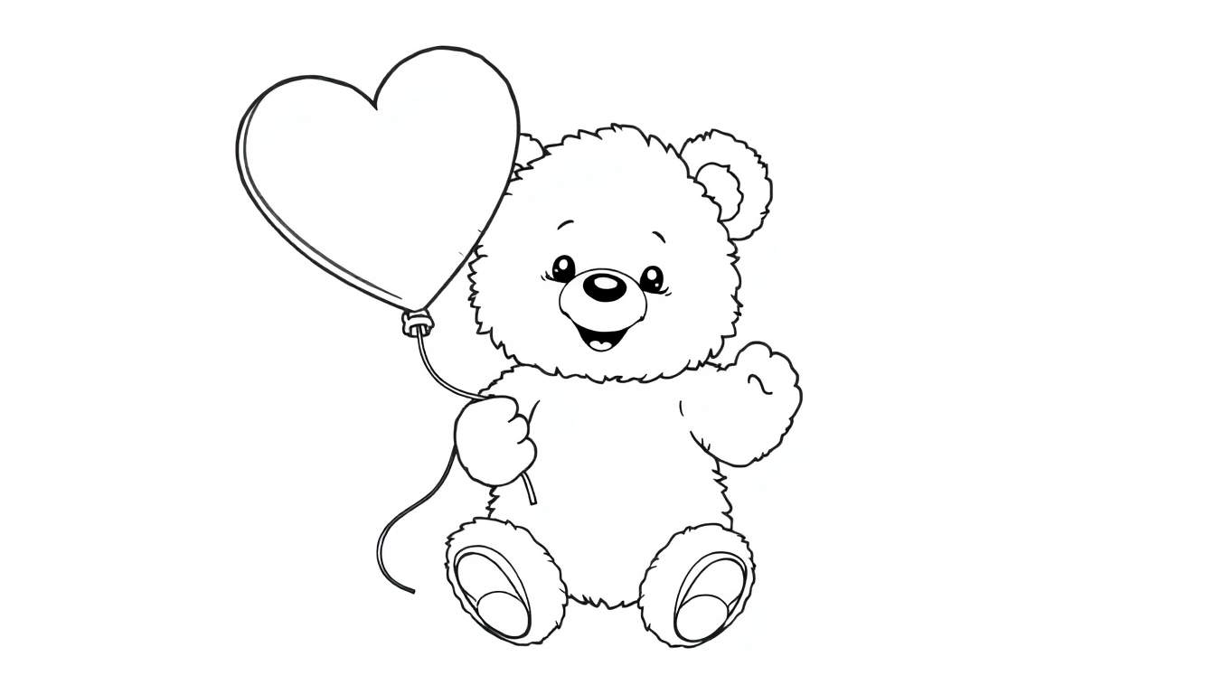 Un dibujo lineal de un osito de peluche sentado con un globo en forma de corazón.
