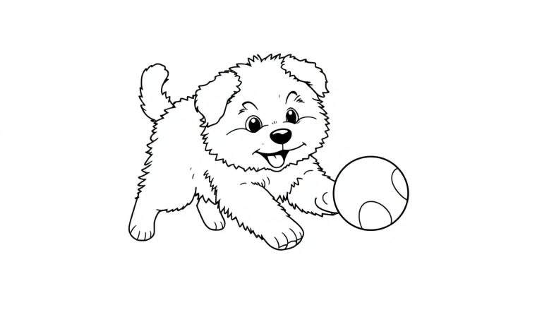 Placa de color de un cachorro jugando con una pelota.