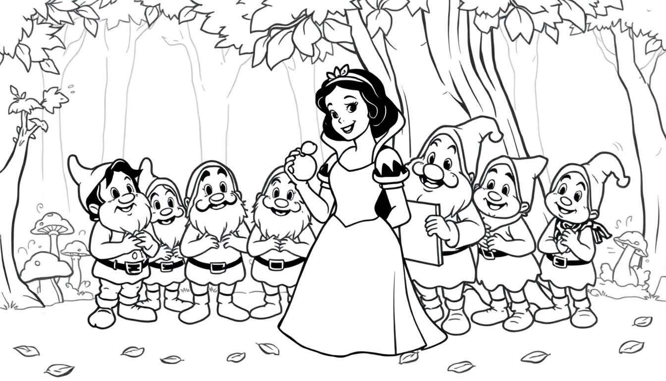 Placa de color de Blancanieves con los Siete Enanitos sonriendo en un bosque.