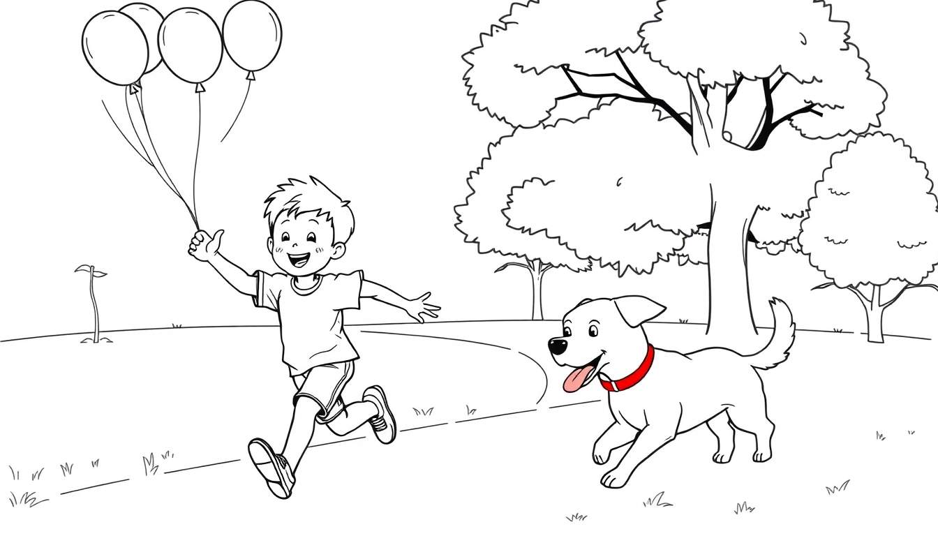 Placa de color: niño sonriente corriendo con globos y perro en un parque.