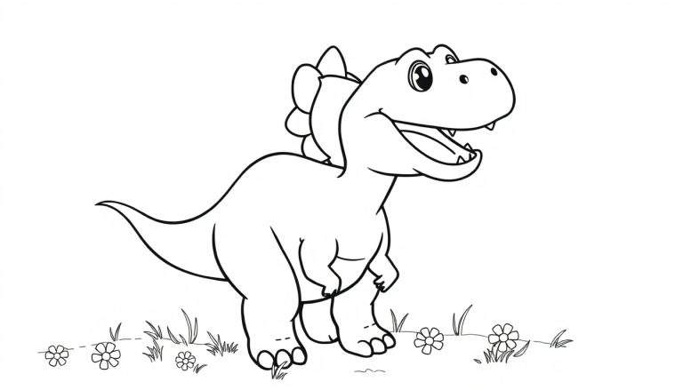 Placa de color de un dinosaurio sonriente con hierba y flores.