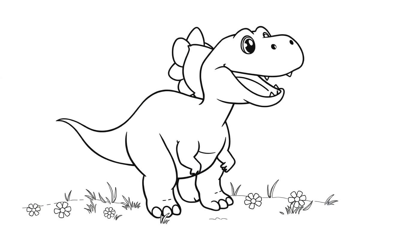 Placa de color de un dinosaurio sonriente con hierba y flores.