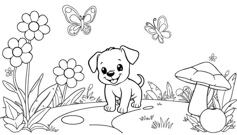 Placa de color de un cachorro juguetón en un jardín con flores, mariposas y un hongo.