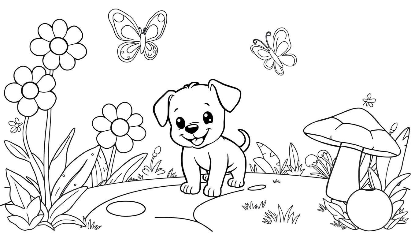 Placa de color de un cachorro juguetón en un jardín con flores, mariposas y un hongo.