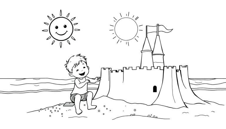 Placa de color para niños: un niño sonriente construye un castillo de arena con dos torres y una bandera bajo un sol sonriente en la playa.