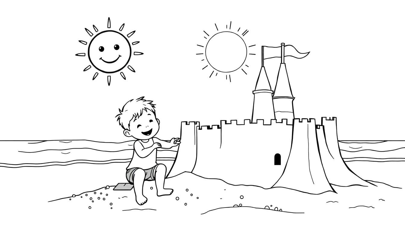 Placa de color para niños: un niño sonriente construye un castillo de arena con dos torres y una bandera bajo un sol sonriente en la playa.