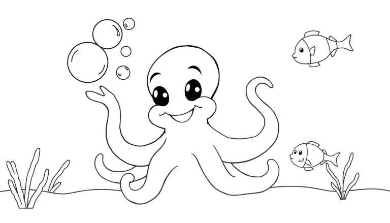 Página para colorear de un pulpo amigable jugando con burbujas y peces, placa de color.
