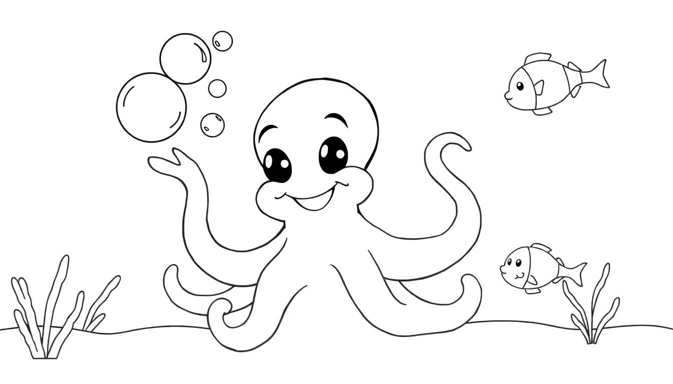 Página para colorear de un pulpo amigable jugando con burbujas y peces, placa de color.