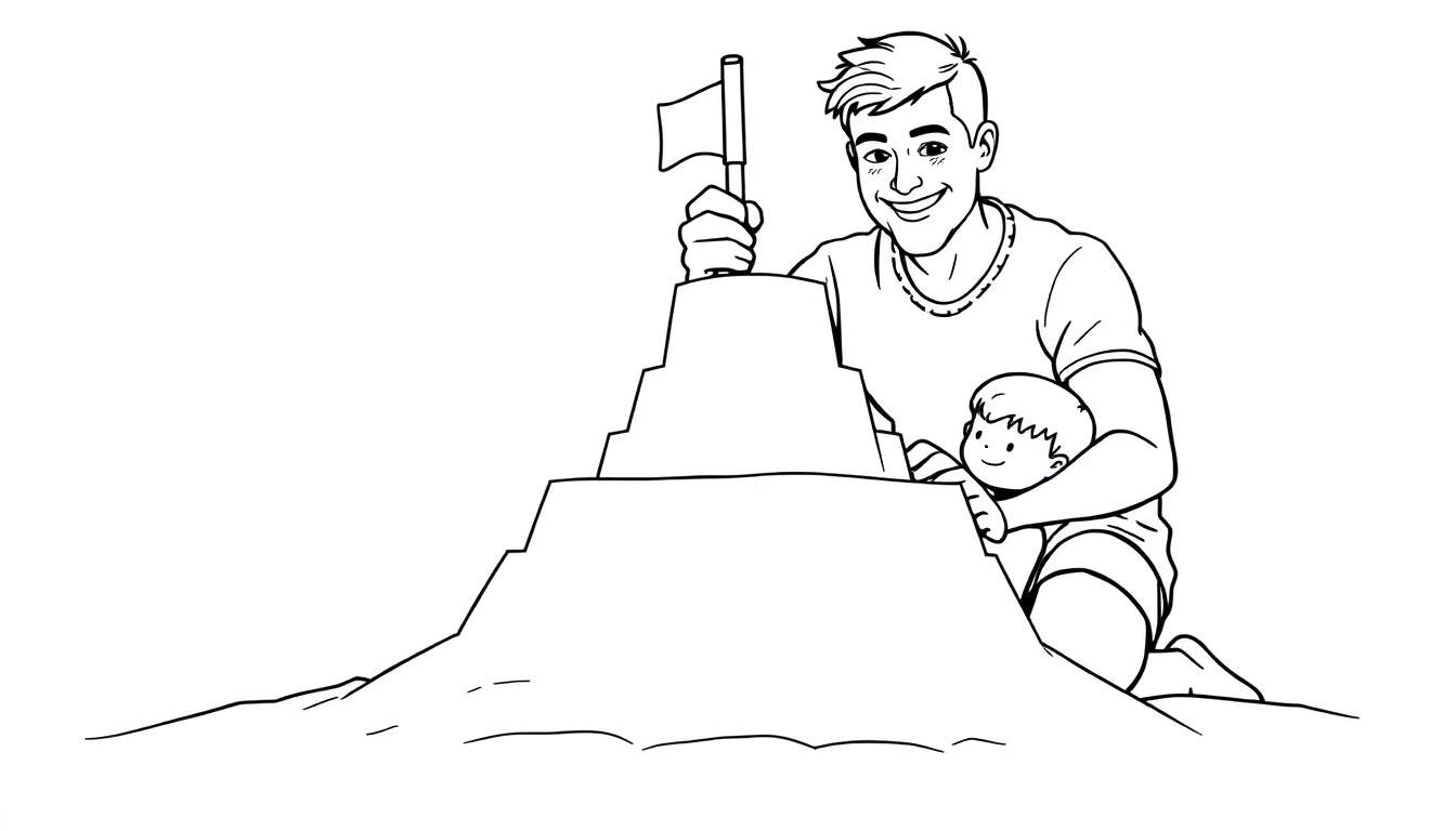 Un padre y su hijo construyendo un castillo de arena en la playa.
