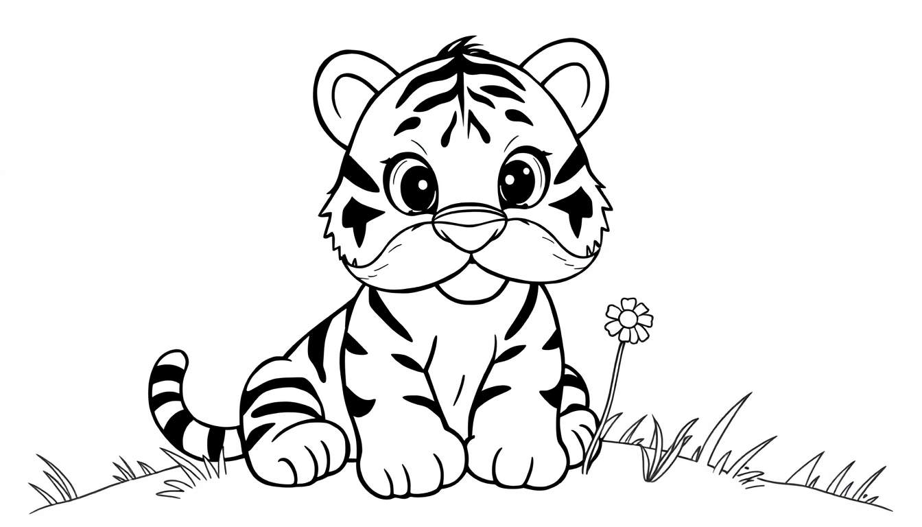 Placa de color de un tierno cachorro de tigre sentado en la hierba con una flor, listo para ser coloreado.