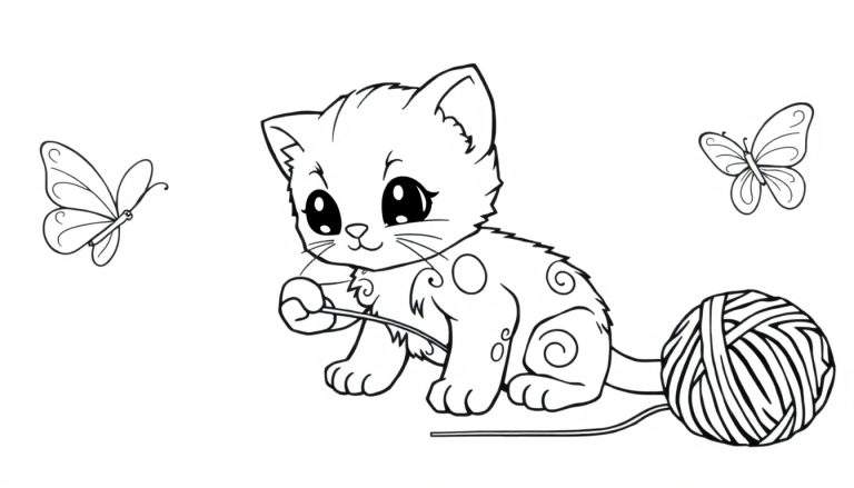 Placa de color de un gatito jugando con lana y mariposas.