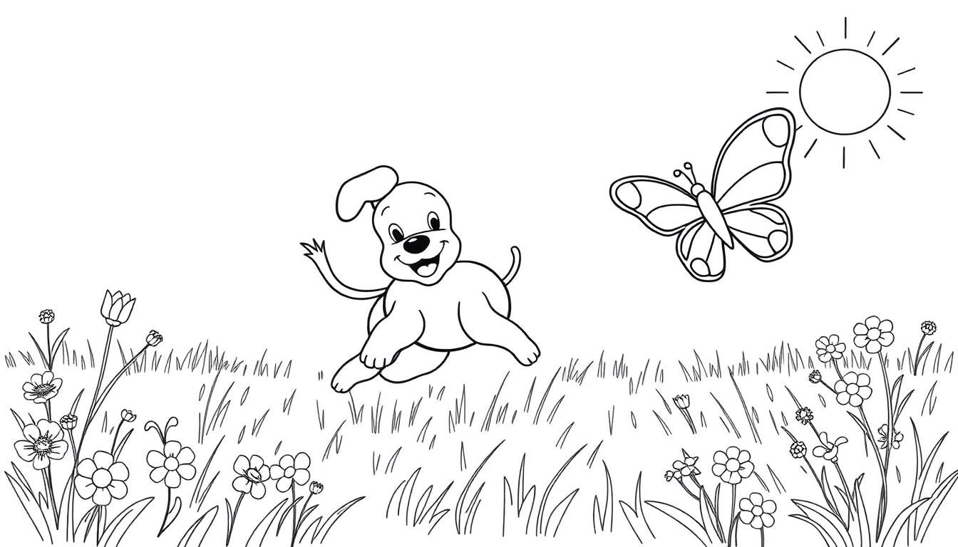 Un cachorro feliz persiguiendo una mariposa en un campo de flores, listo para colorear en esta placa de color.