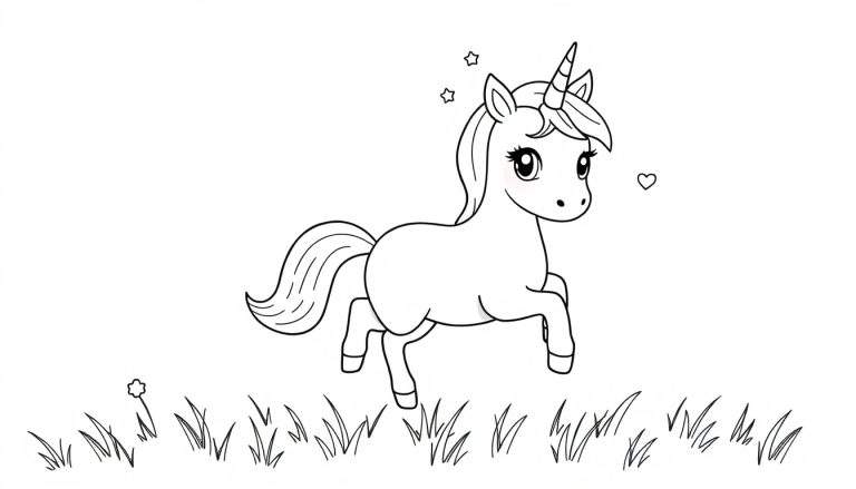 Página para colorear de un unicornio en un campo de hierba, lista para añadir color.