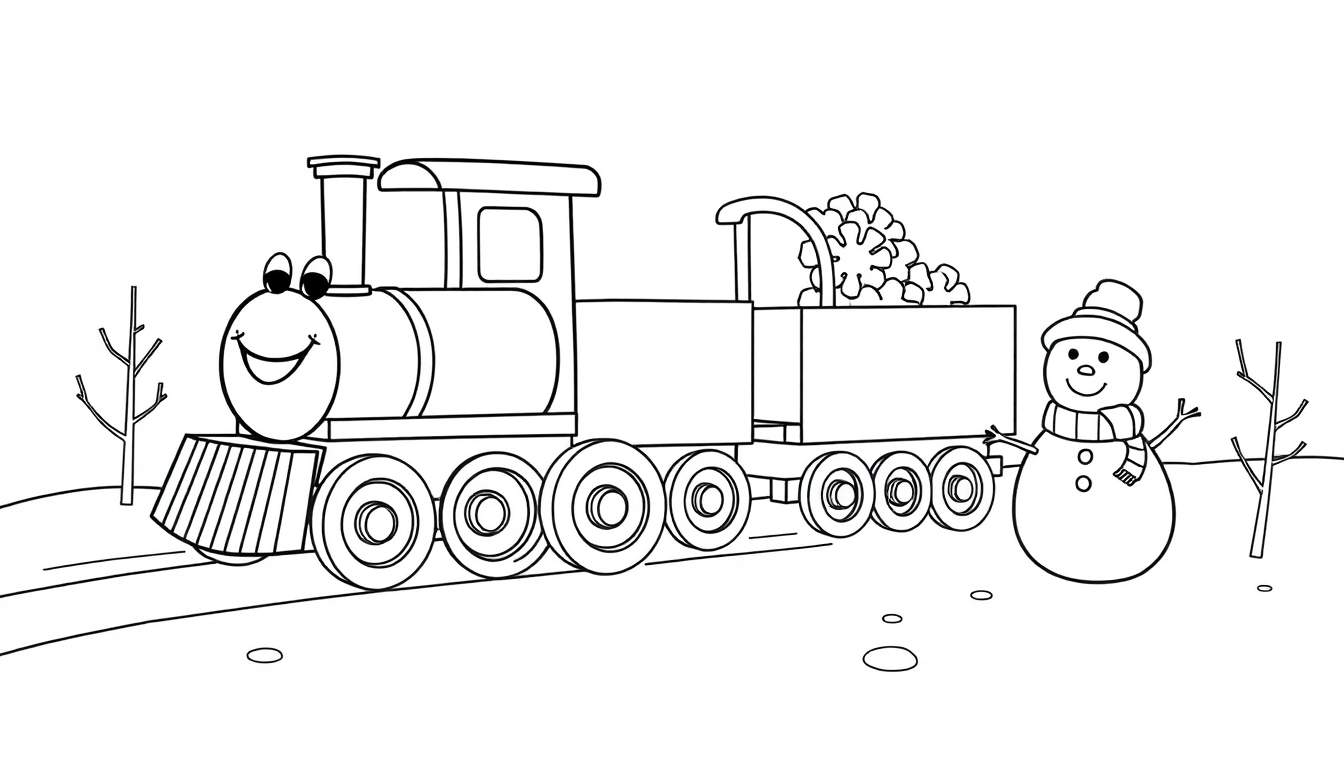 Placa de color de un tren de juguete amigable con un muñeco de nieve.