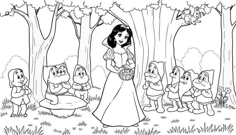Blancanieves con una cesta de frutas rodeada de enanitos en un bosque, listo para colorear en una placa de color.