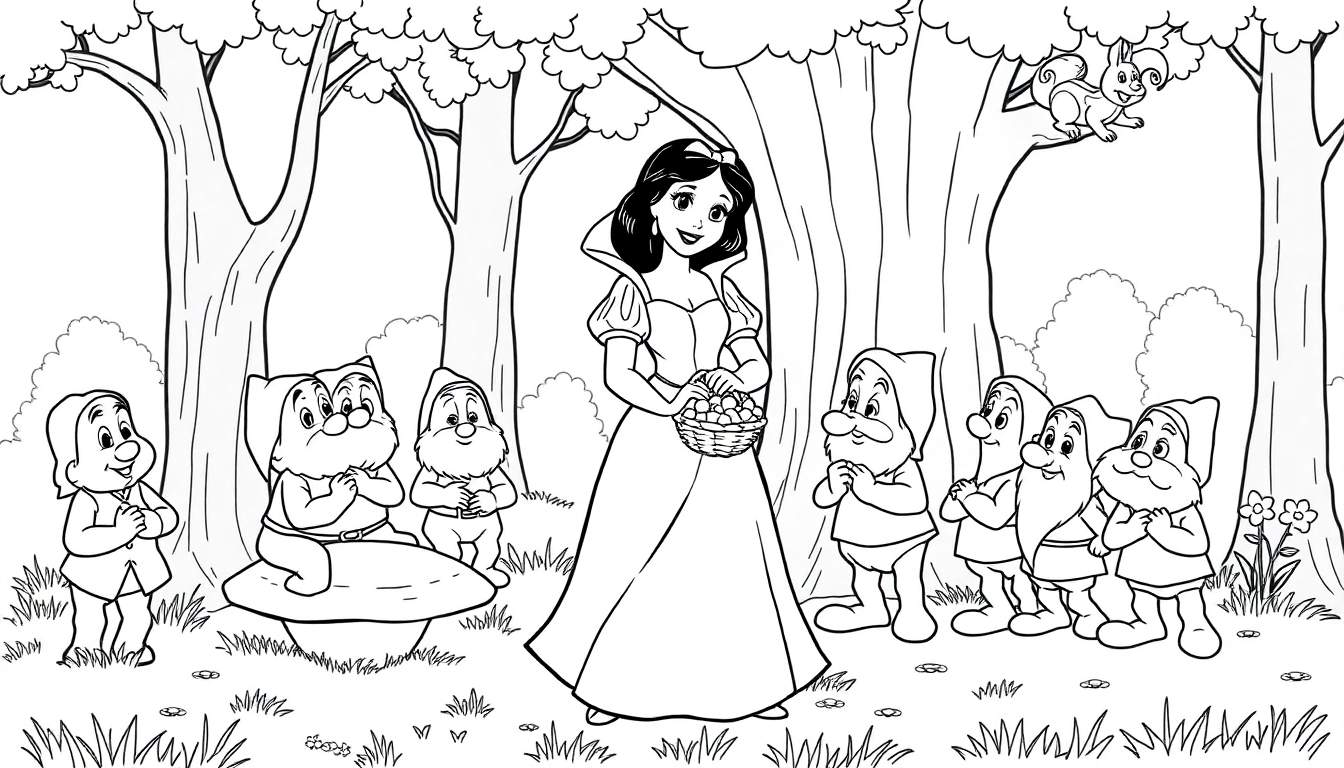 Blancanieves con una cesta de frutas rodeada de enanitos en un bosque, listo para colorear en una placa de color.