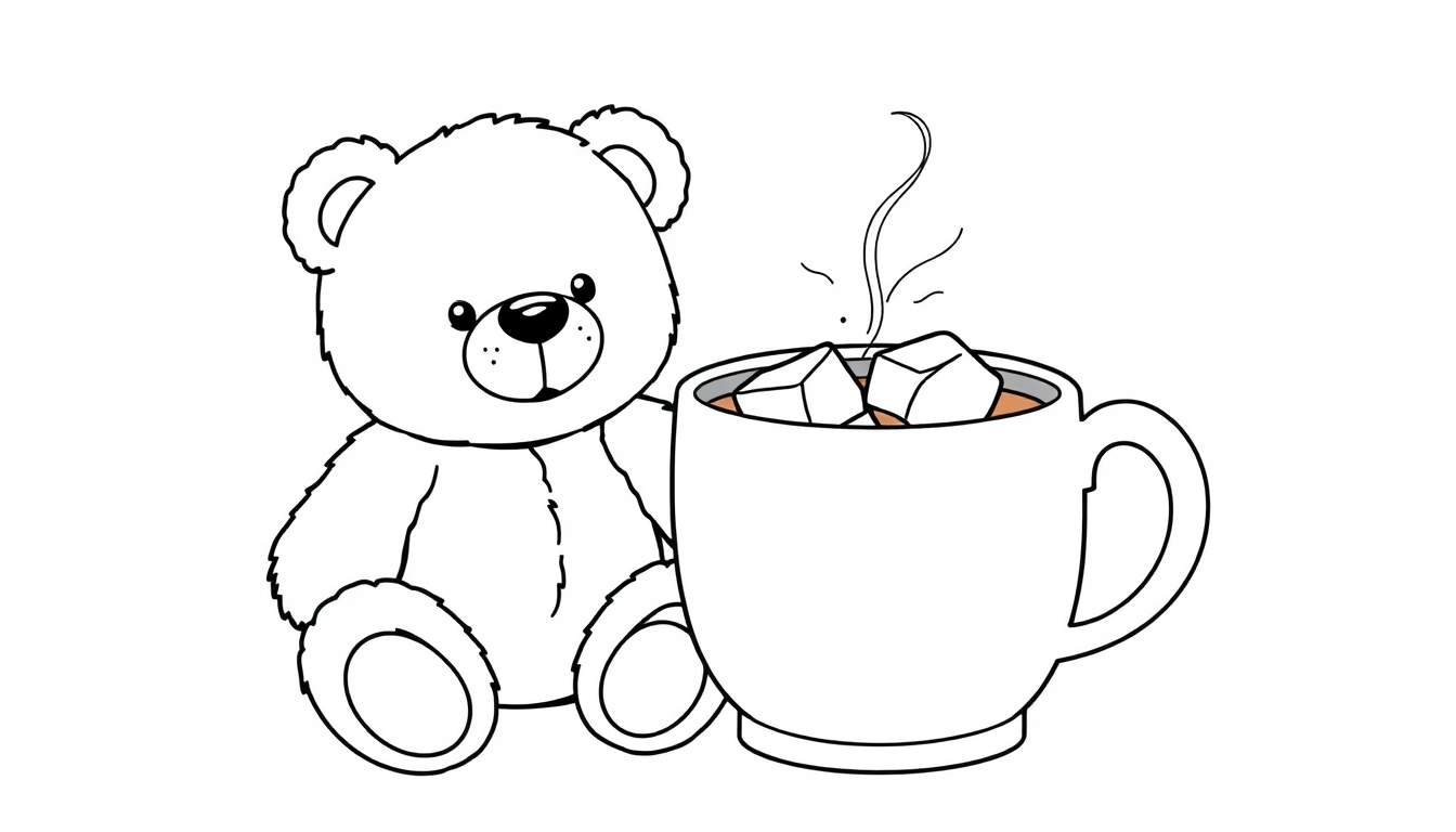Un oso de peluche blanco acurrucado junto a una taza de chocolate caliente humeante.