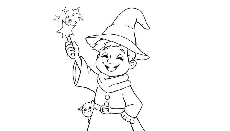 Niño mago listo para colorear en una placa de color.