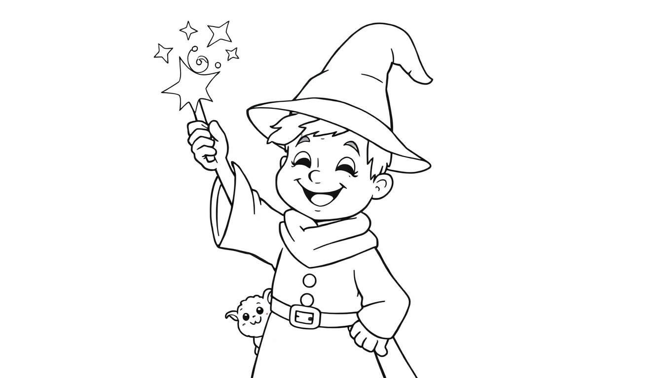 Niño mago listo para colorear en una placa de color.
