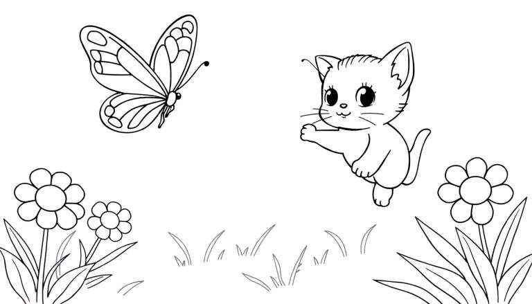 Placa de color de un gatito persiguiendo una mariposa entre flores.