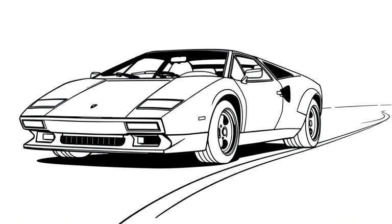 Dibujo lineal de un Lamborghini Countach listo para colorear, una placa de color con detalles de coche deportivo.