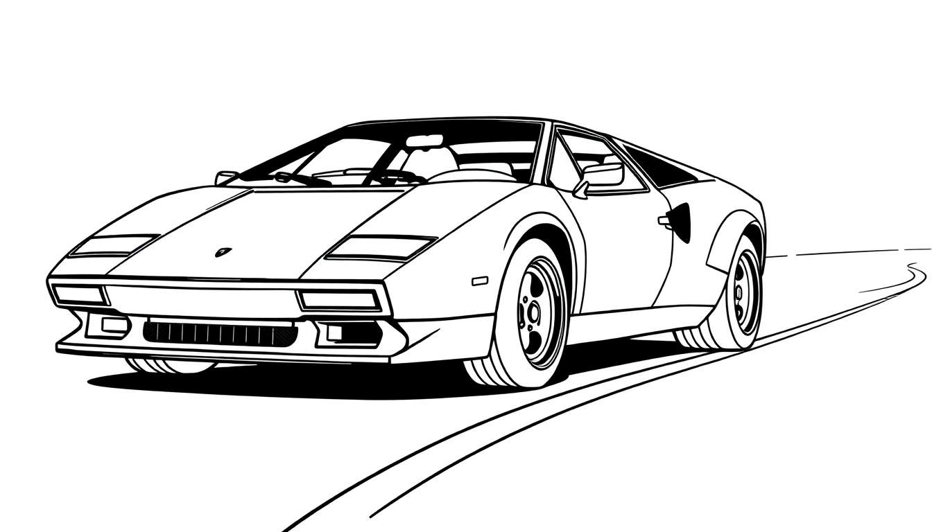 Dibujo lineal de un Lamborghini Countach listo para colorear, una placa de color con detalles de coche deportivo.