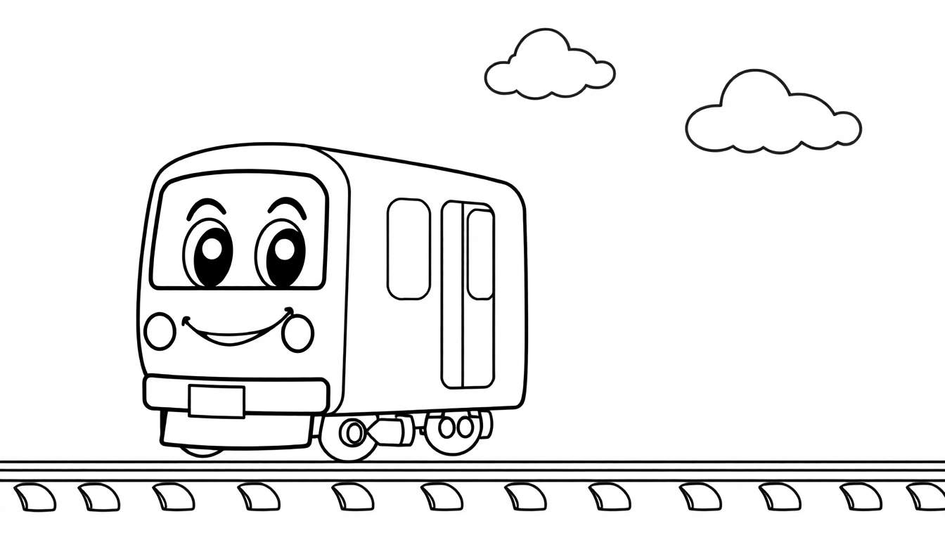 Placa de color de un tren amigable de dibujos animados en vías del tren con nubes en el fondo.