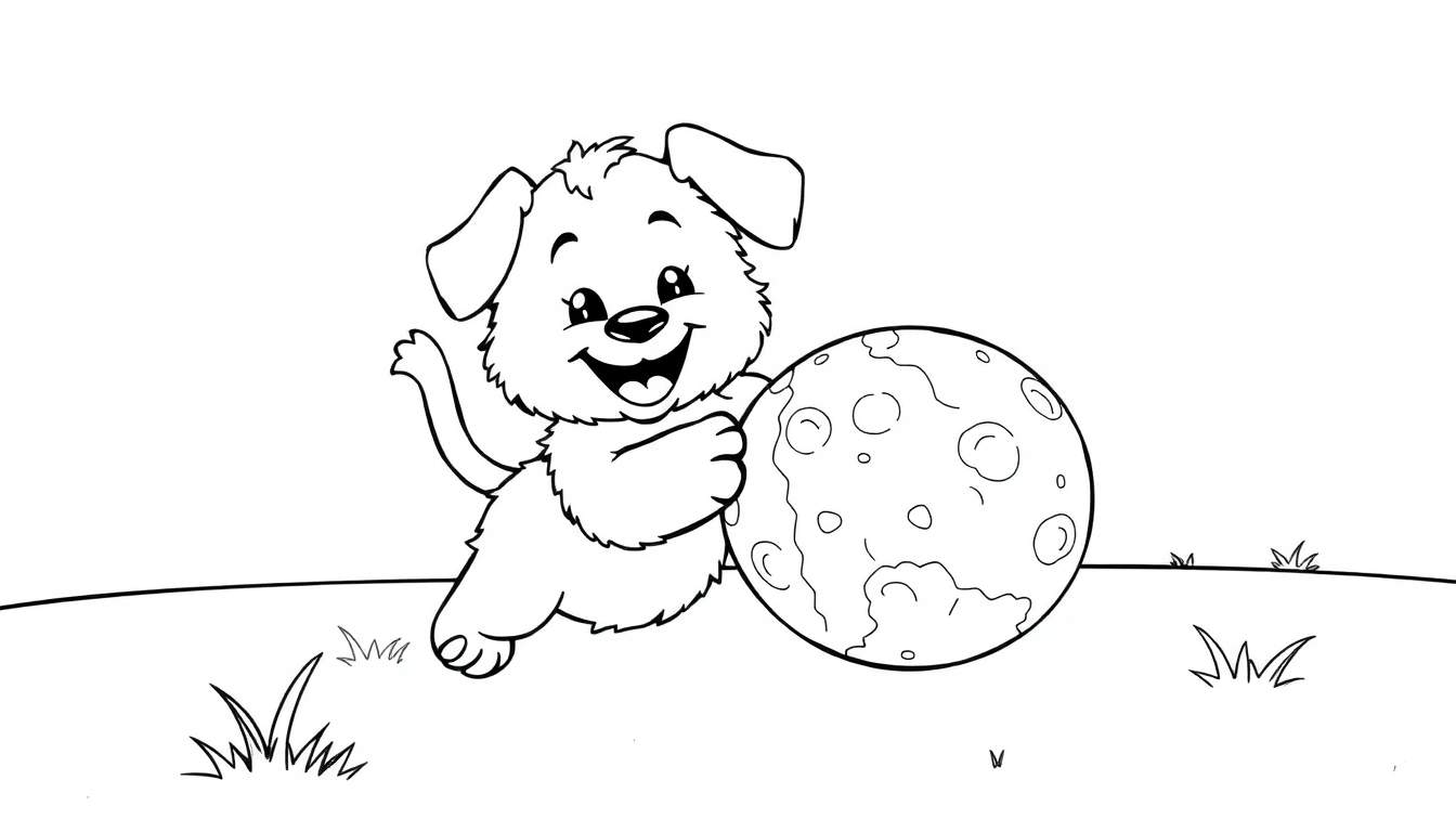 Cachorro feliz jugando con una pelota, listo para colorear en esta placa de color.