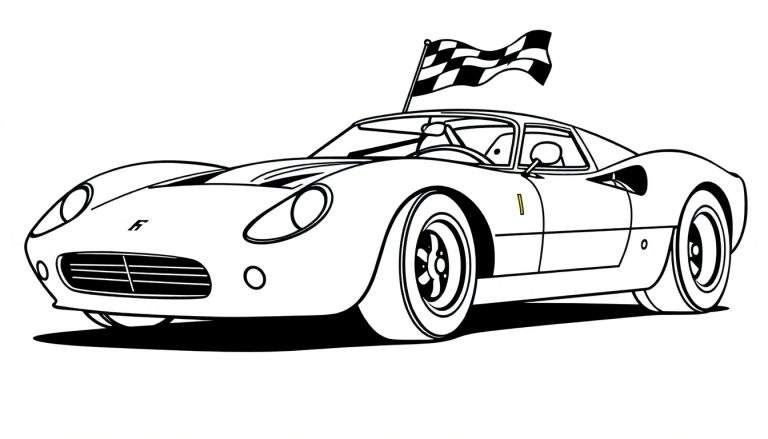 Un coche de carreras estilo dibujo lineal blanco y negro con una placa de color de bandera a cuadros.