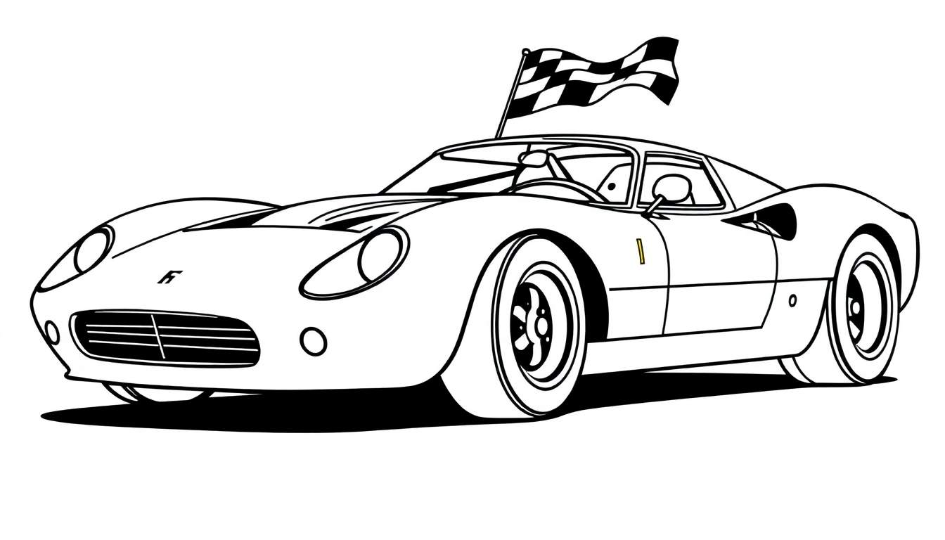 Un coche de carreras estilo dibujo lineal blanco y negro con una placa de color de bandera a cuadros.