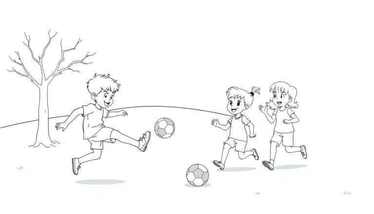 Placa de color de niños jugando al fútbol en un parque.