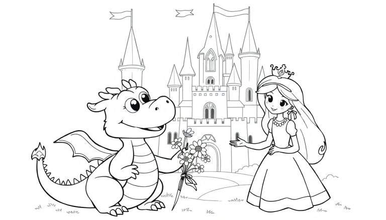 Placa de color: Un dragón amigable le ofrece flores a una princesa frente a un castillo.