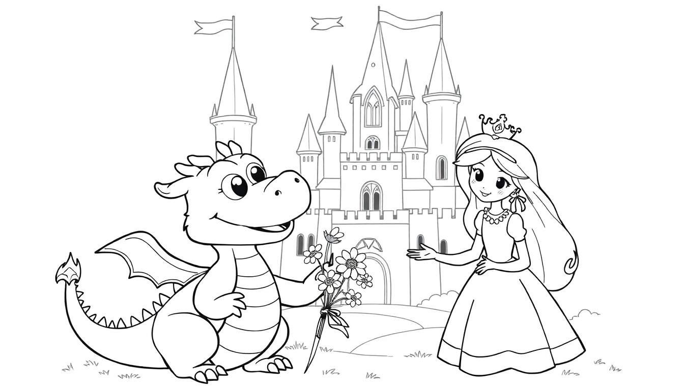 Placa de color: Un dragón amigable le ofrece flores a una princesa frente a un castillo.