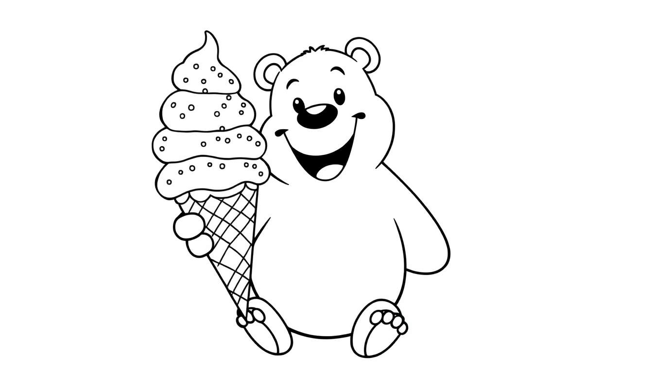 Un oso de dibujos animados sentado con un helado de tres bolas