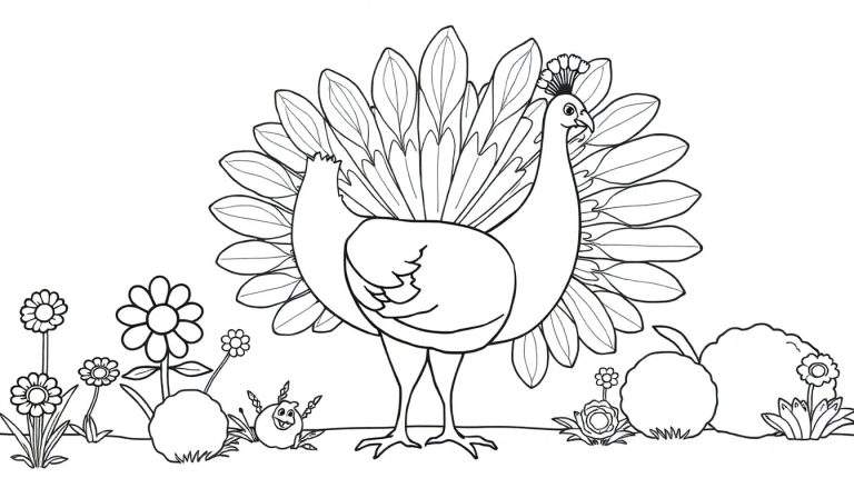 Placa de pavo real para colorear con cola desplegada y flores.