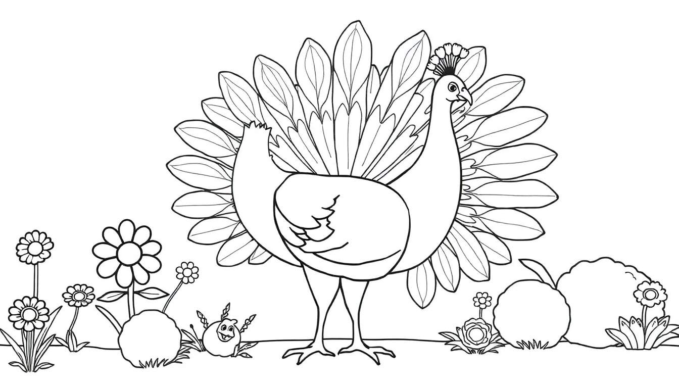 Placa de pavo real para colorear con cola desplegada y flores.