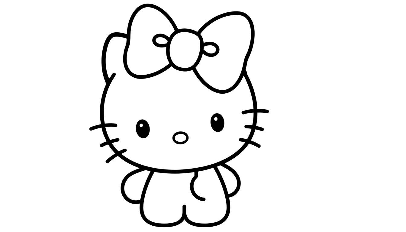 Placa de color de Hello Kitty sonriente con un gran lazo rojo.