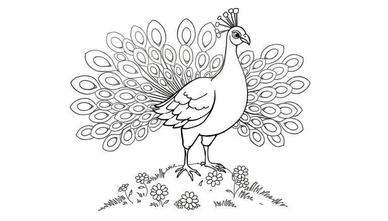 Placa de color de un pavo real con su cola extendida sobre un promontorio con flores.