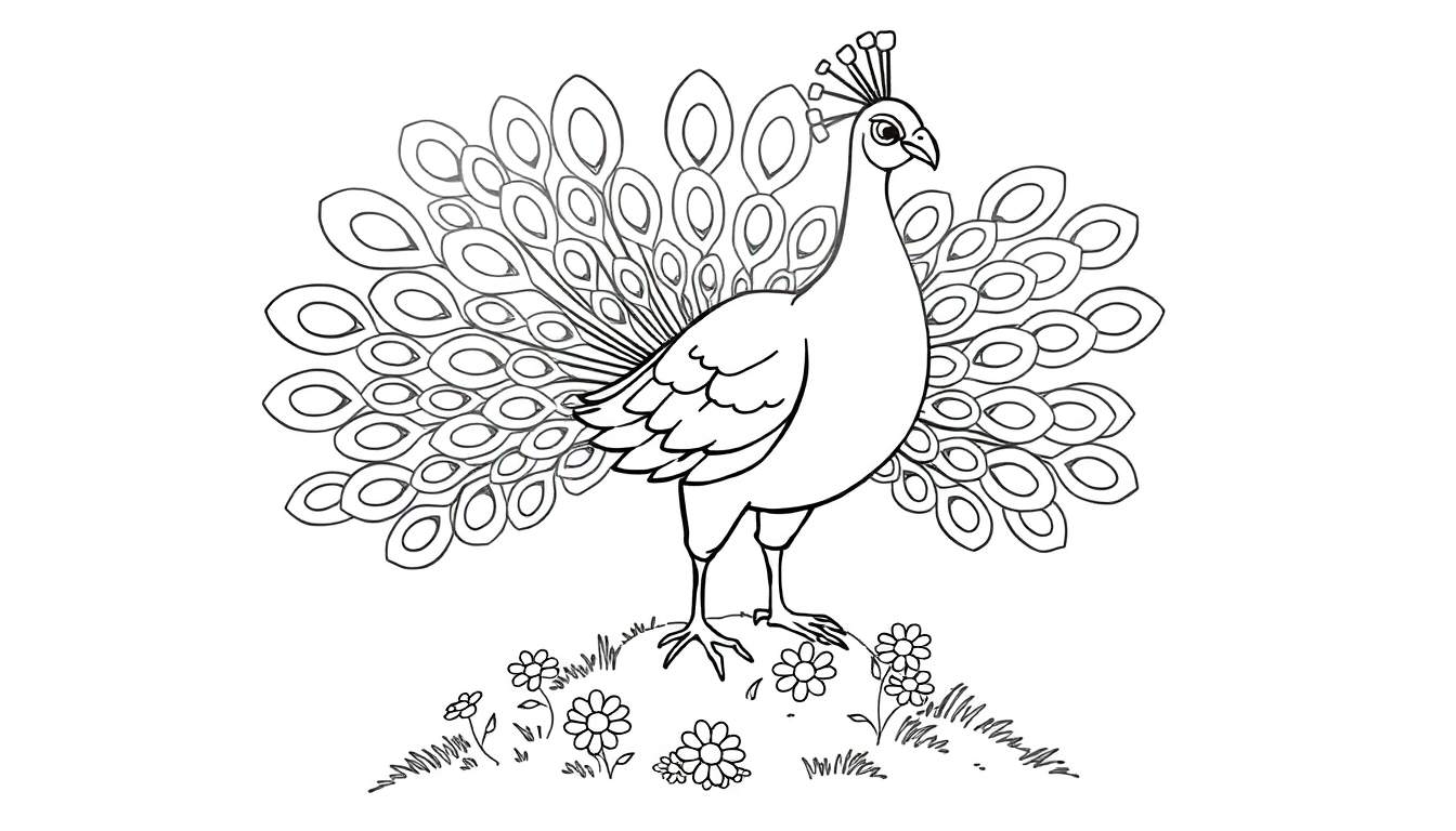 Placa de color de un pavo real con su cola extendida sobre un promontorio con flores.
