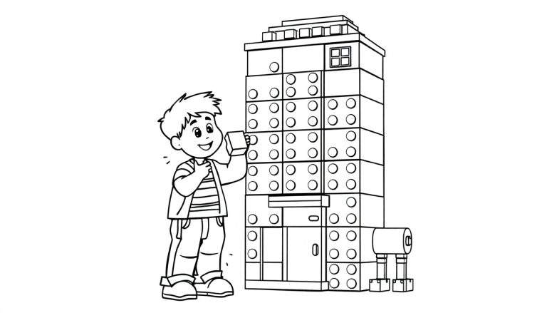 Niño de dibujos animados construyendo una torre con bloques, con un robot amigable cerca. Página para colorear con mucha placa de color.