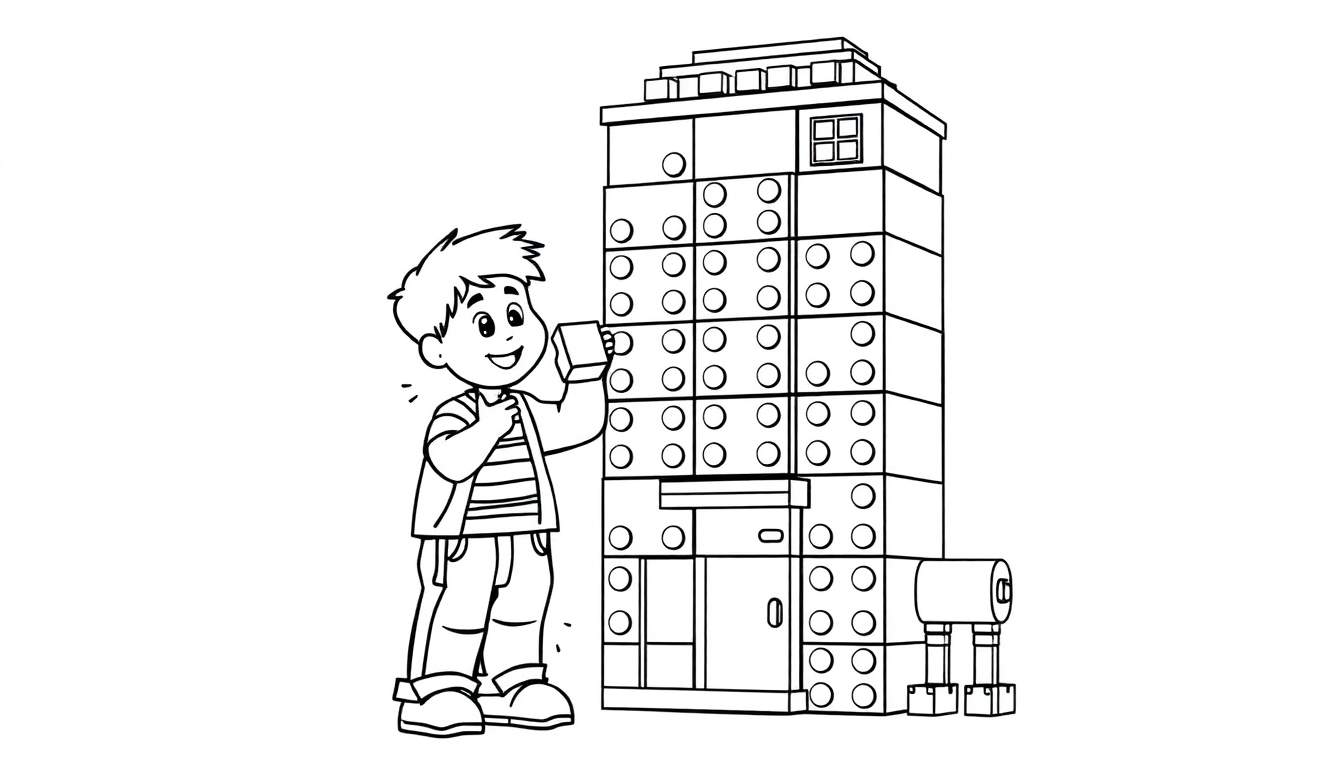 Niño de dibujos animados construyendo una torre con bloques, con un robot amigable cerca. Página para colorear con mucha placa de color.