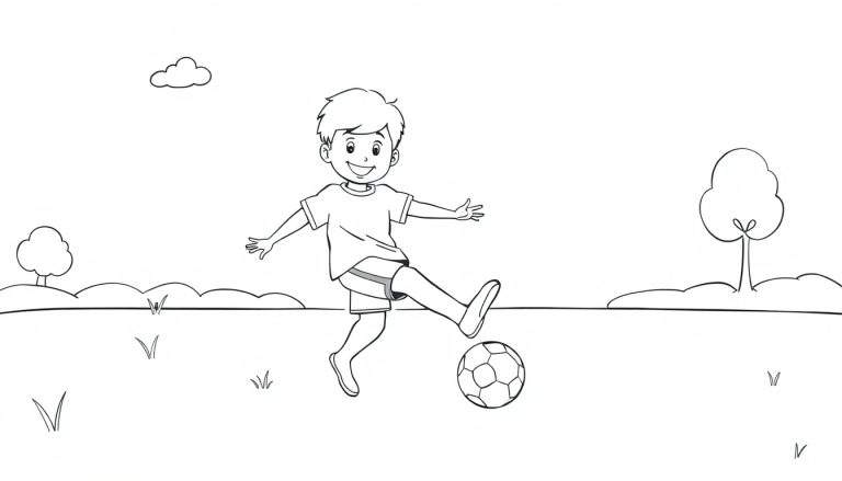 Placa de color: un niño feliz pateando una pelota de fútbol.